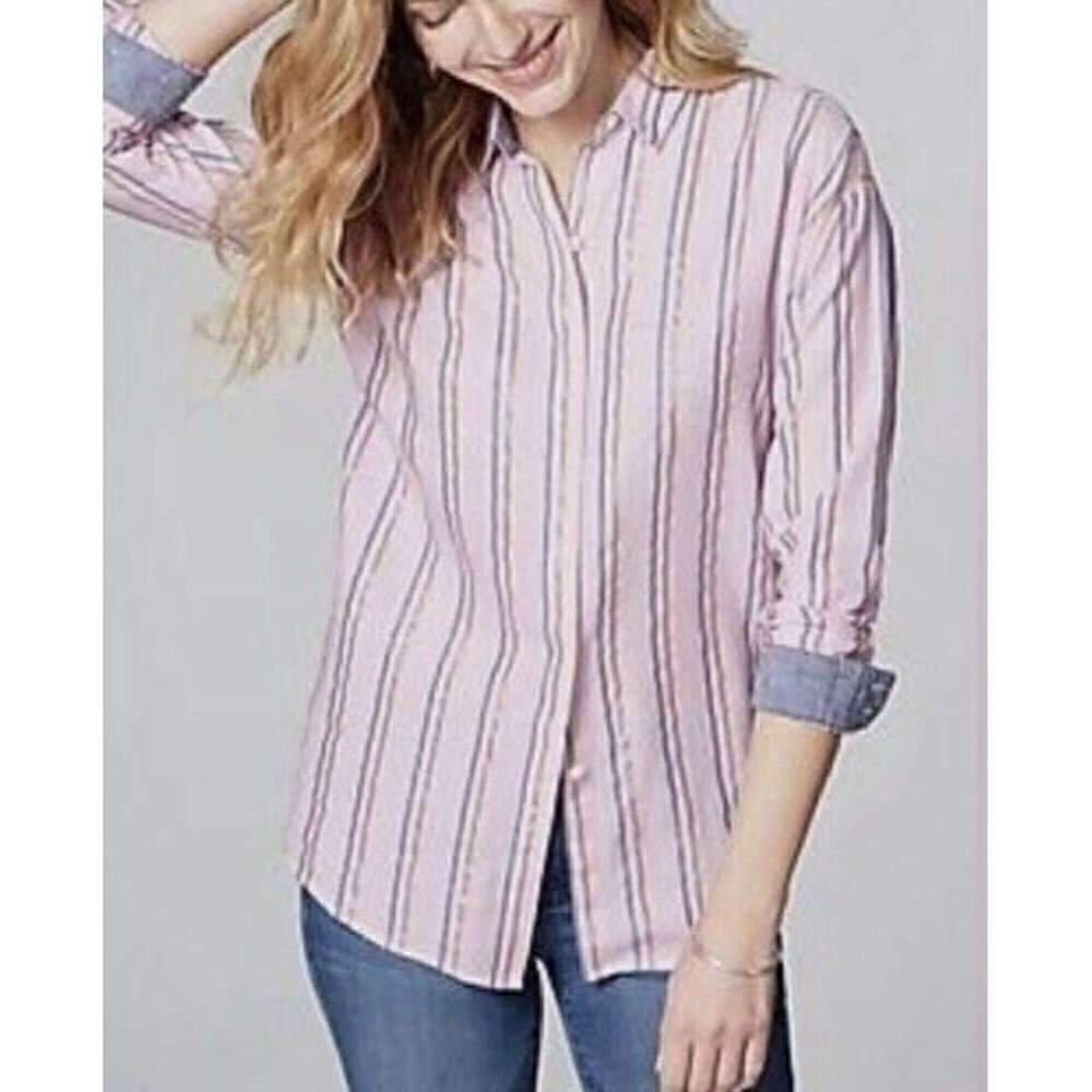 J Jill Top Womens XL Blush Pink Metallic Striped Easy Everyday Button Down
